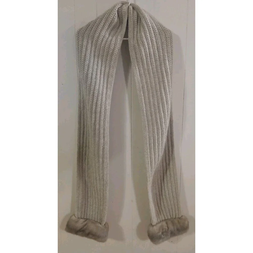Handmade Cozy Chic Beige Long Scarf Fur Trim 92inch - Picture 1 of 6